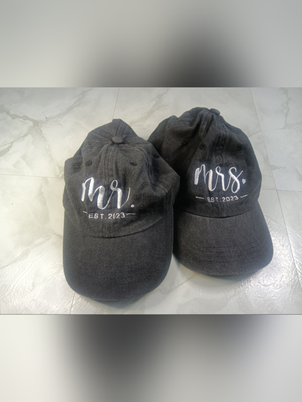 Black 'Mr.' and 'Mrs.' Embroidered Baseball Caps - EST.2023